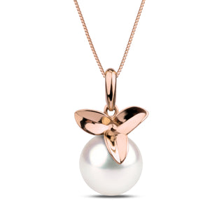 Elegant Blossom Collection 8.5-9.0 mm Akoya Pearl Pendant featuring a lustrous white cultured pearl with a delicate rose gold floral-inspired setting on a fine chain.