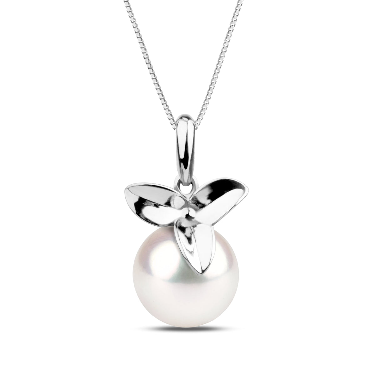 Blossom Collection 8.5-9.0 mm Akoya Pearl Pendant featuring a lustrous white akoya pearl accented with a polished 14K white gold floral-inspired setting on a delicate chain.