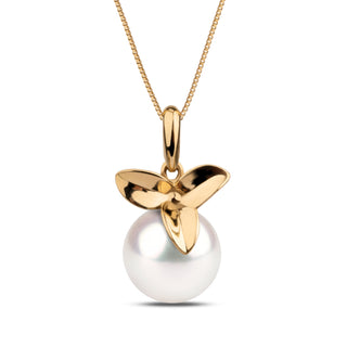Blossom Collection 8.5-9.0 mm Akoya Pearl Pendant featuring a round white cultured pearl with a polished yellow gold floral-inspired setting on a delicate chain.