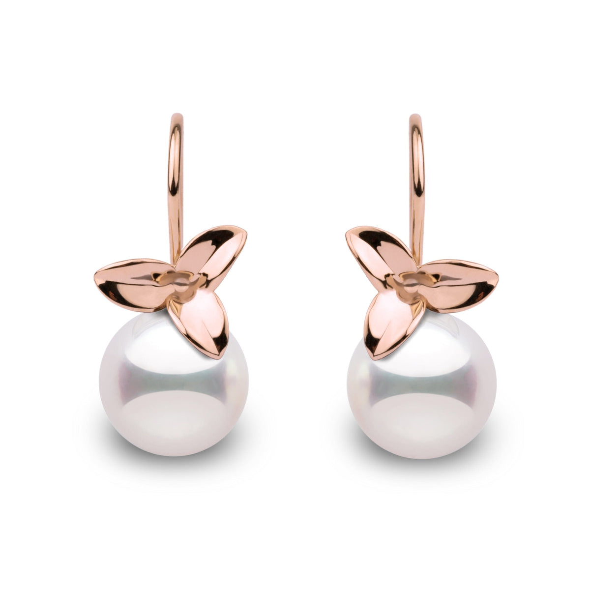 Elegant 14k gold earrings featuring 9–9.5 mm white Akoya pearls with mirror-like luster and floral-inspired design in rose gold.