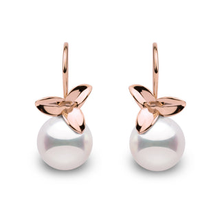 Elegant 14k gold earrings featuring 9–9.5 mm white Akoya pearls with mirror-like luster and floral-inspired design in rose gold.