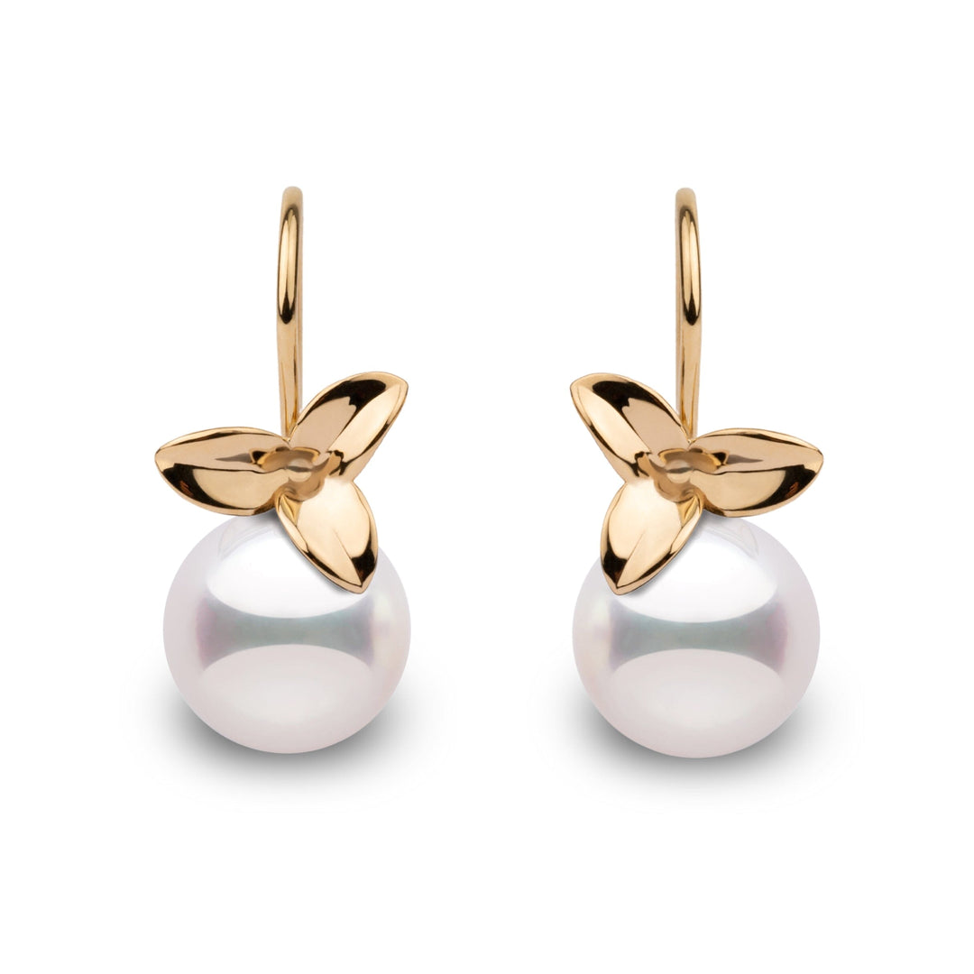 Elegant 14k gold earrings featuring 9–9.5 mm white Akoya pearls with mirror-like luster and floral-inspired design in yellow gold.