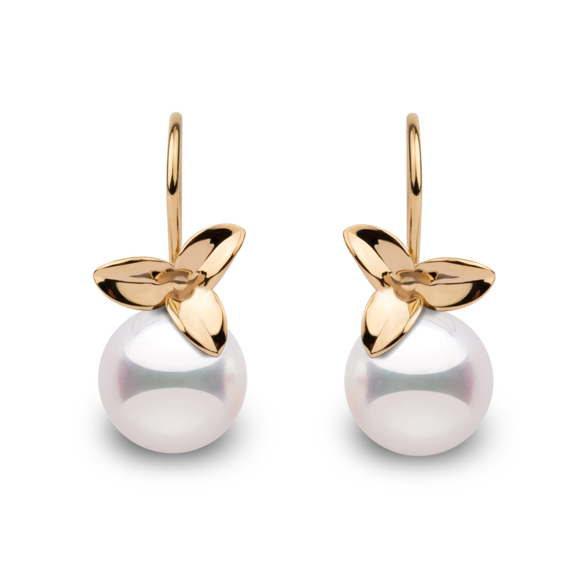 Elegant 14k gold earrings featuring 9–9.5 mm white Akoya pearls with mirror-like luster and floral-inspired design in yellow gold.