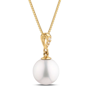 Grace Collection 8.5-9.0 mm Freshadama Pearl and Diamond Pendant featuring a lustrous white pearl set in yellow gold with small sparkling diamonds on the bail.
