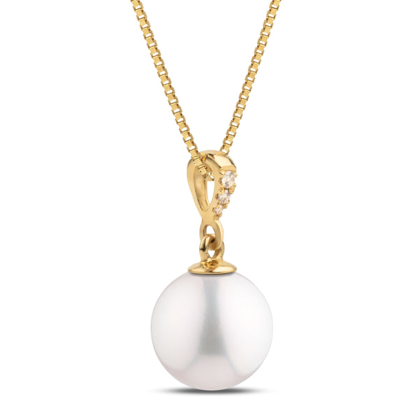 Grace Collection 8.5-9.0 mm Freshadama Pearl and Diamond Pendant featuring a lustrous white pearl set in yellow gold with small sparkling diamonds on the bail.