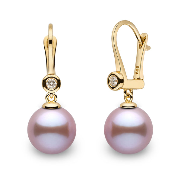 Romantic Collection 8.5-9.0 mm Lavender Freshadama Pearl & Diamond Dangle Earrings in 14K Yellow Gold