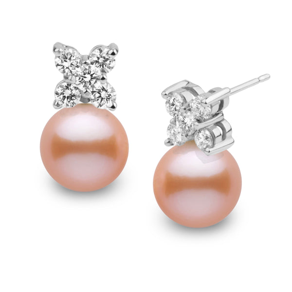 Kiss Collection 8.5-9.0 mm Pink to Peach Freshadama Pearl and Diamond Earrings in 14K White Gold