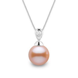 Dew Collection 8.5-9.0 mm Pink to Peach Freshadama Pearl and Diamond Pendant in 14K White Gold on a Box Chain