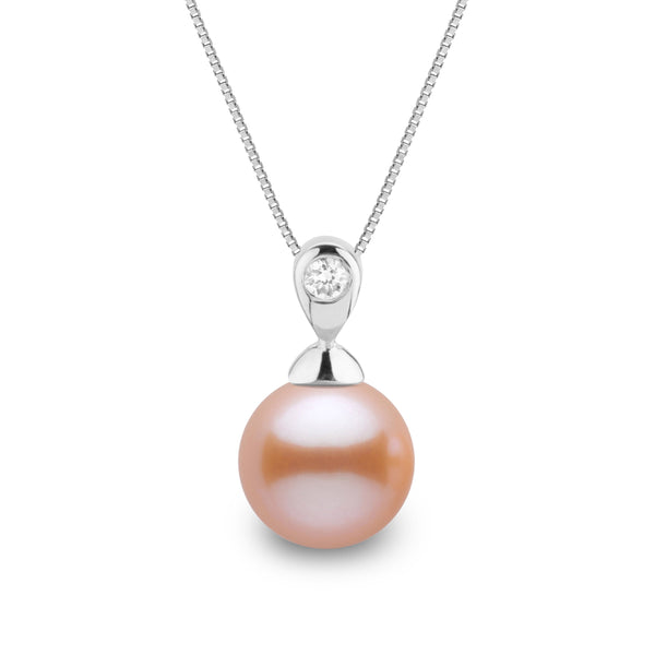 Dew Collection 8.5-9.0 mm Pink to Peach Freshadama Pearl and Diamond Pendant in 14K White Gold on a Box Chain