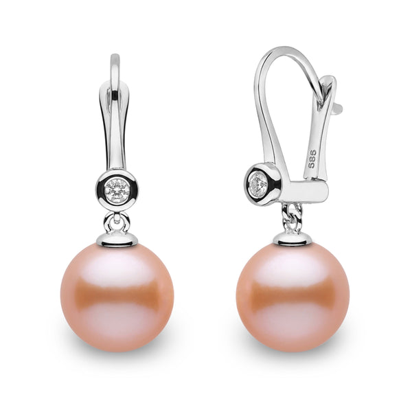 Romantic Collection 8.5-9.0 mm Pink to Peach Freshadama Pearl & Diamond Dangle Earrings in 14K Yellow Gold