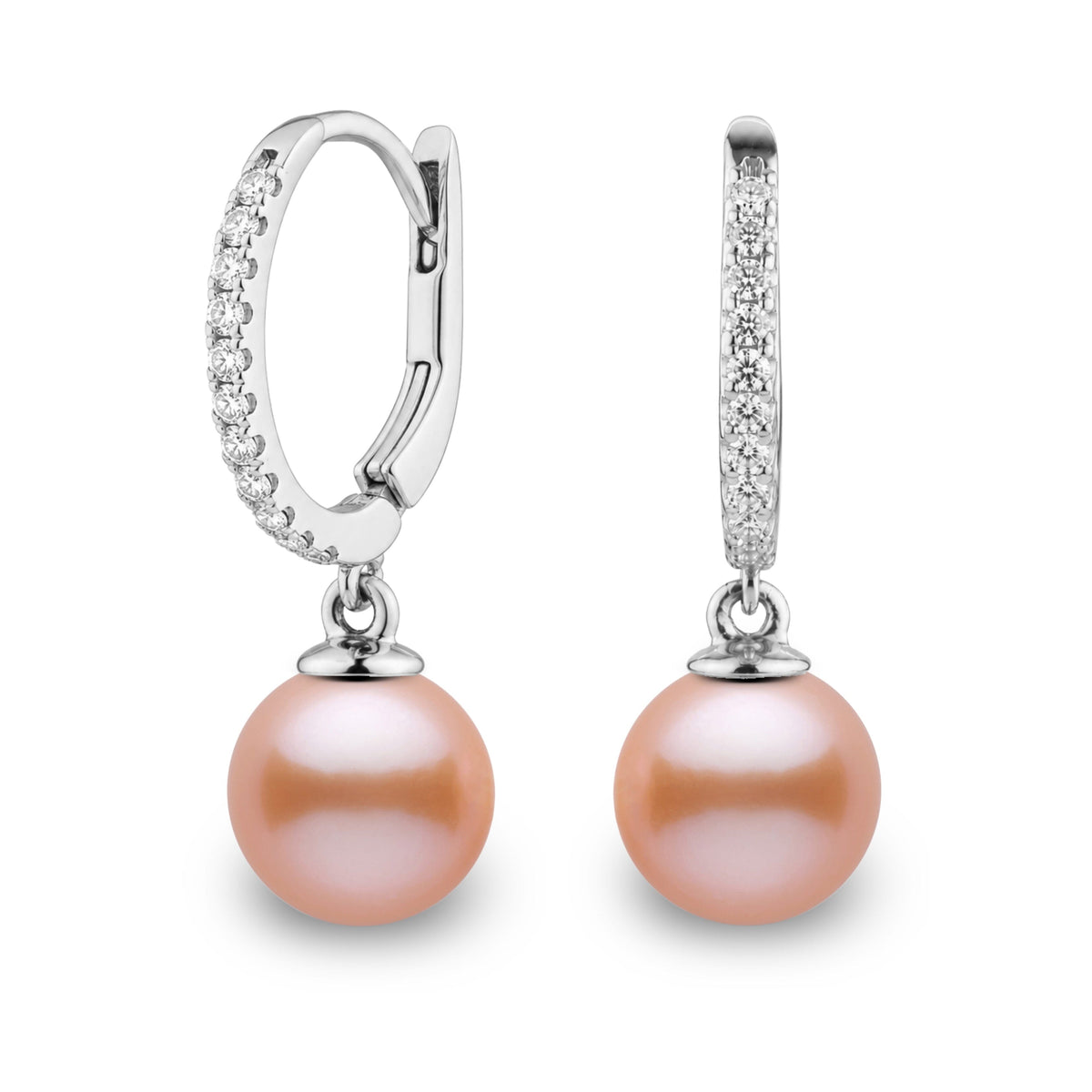 Eternal Collection 8.5-9.0 mm Pink to Peach Freshadama Pearl & Diamond Dangle Earrings, view 2