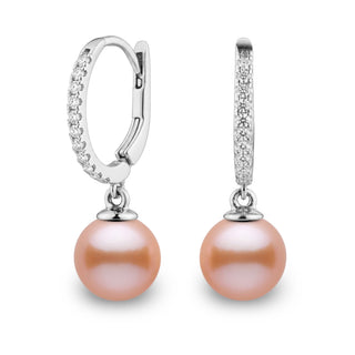 Eternal Collection 8.5-9.0 mm Pink to Peach Freshadama Pearl & Diamond Dangle Earrings, view 2