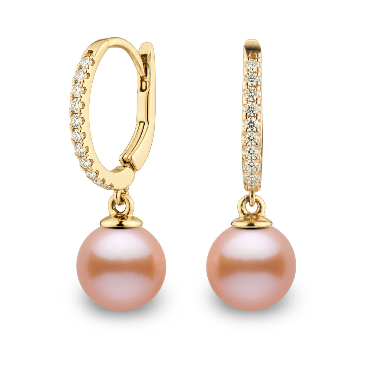 Eternal Collection 8.5-9.0 mm Pink to Peach Freshadama Pearl & Diamond Dangle Earrings in 14K White Gold