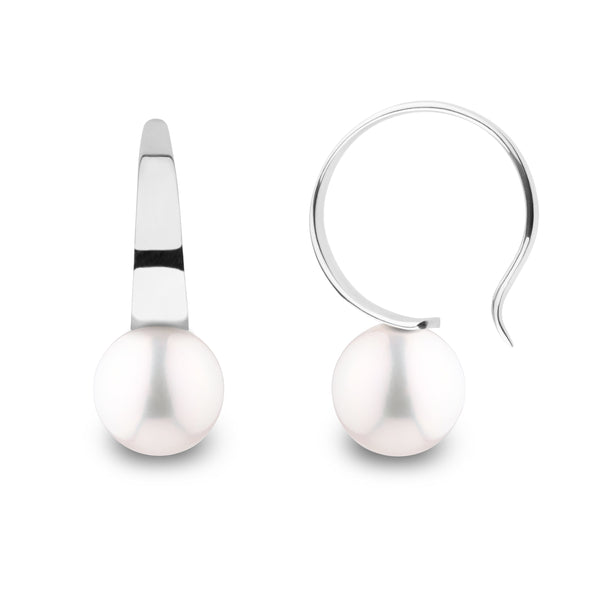Large Crescent Collection White Freshadama Freshwater 8.5-9.0 mm Pearl Hoop Earrings featuring smooth white freshwater pearls set on polished 14K white gold hoops.