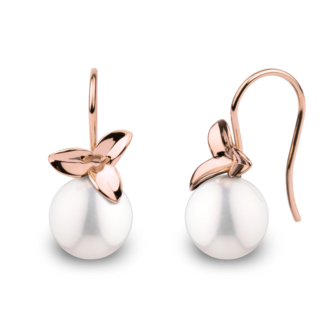 Elegant Floral design 14K gold earrings with an 8.5-9.0 mm White freshadama freshwater pearl. Rose Gold.
