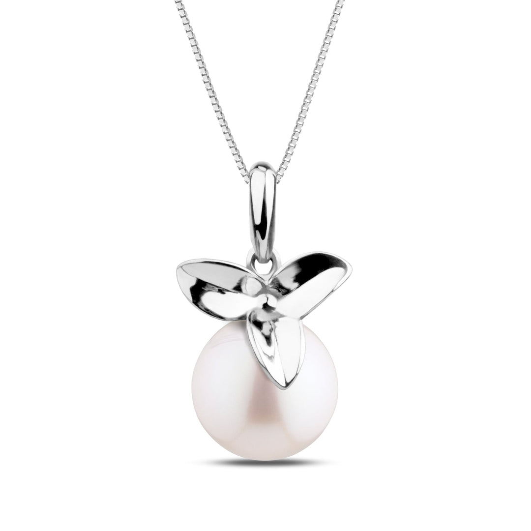 Elegant pendant featuring a white freshwater pearl accented with polished silver petals, part of the Blossom Collection 8.5-9.0 mm White Freshadama Pearl Pendant.