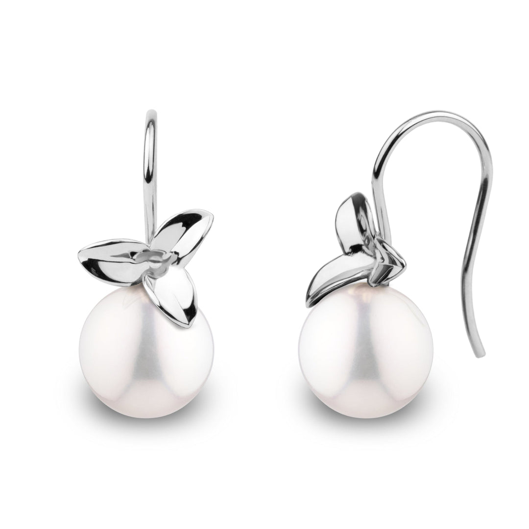 Elegant Floral design 14K gold earrings with an 8.5-9.0 mm White freshadama freshwater pearl. White Gold.