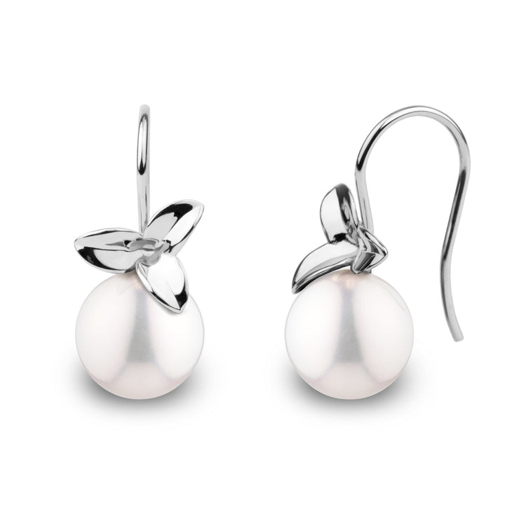 Elegant Floral design 14K gold earrings with an 8.5-9.0 mm White freshadama freshwater pearl. White Gold.