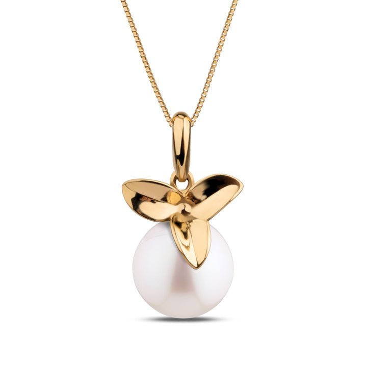 Blossom Collection 8.5-9.0 mm White Freshadama Pearl Pendant featuring a round white freshwater pearl with a gold floral-inspired bail on a delicate gold chain.