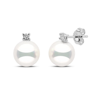 8.5–9.0 mm natural white Hanadama akoya pearl earrings - 0.06 cttw G-VS1 diamonds in 14k white gold. 