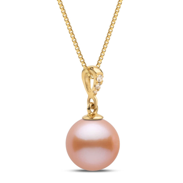 Grace Collection 8.5-9.0 mm Pink to Peach Freshadama Pearl and Diamond Pendant in 14K Yellow Gold on a Box Chain