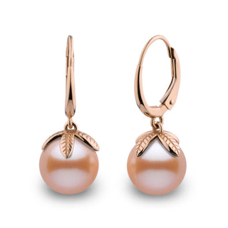 Leaf Collection 8.5-9.0 mm Pink to Peach Freshadama Pearl Earrings in 14K White Gold