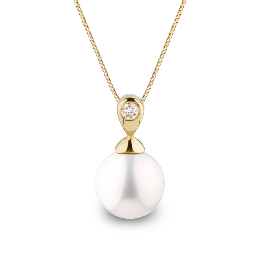 Dew Collection 8.5-9.0 mm White Freshadama Pearl and Diamond Pendant in 14K White Gold on a Box Chain