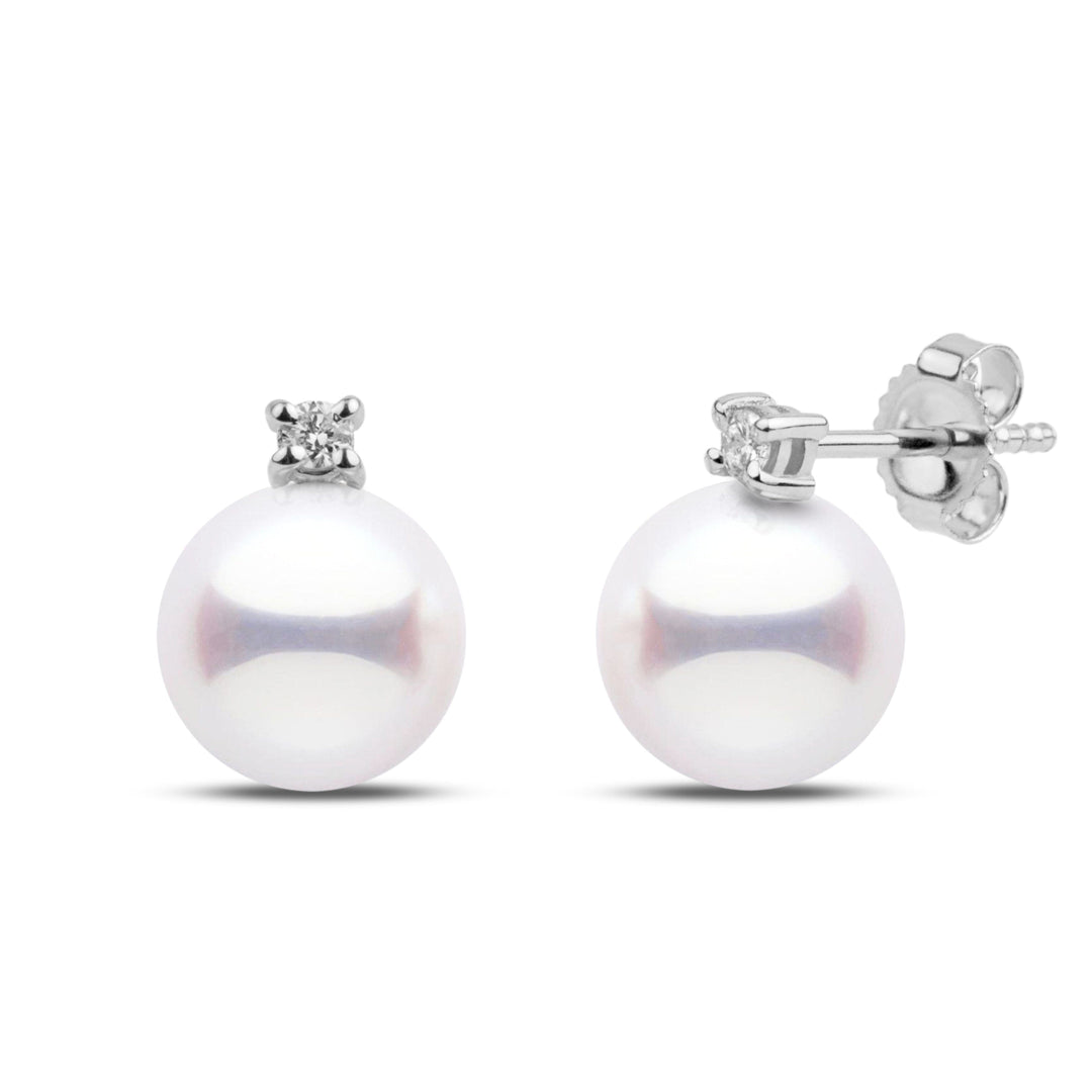 8.5-9.0 mm hanadama Pearl earrings with white gold studs on a white background