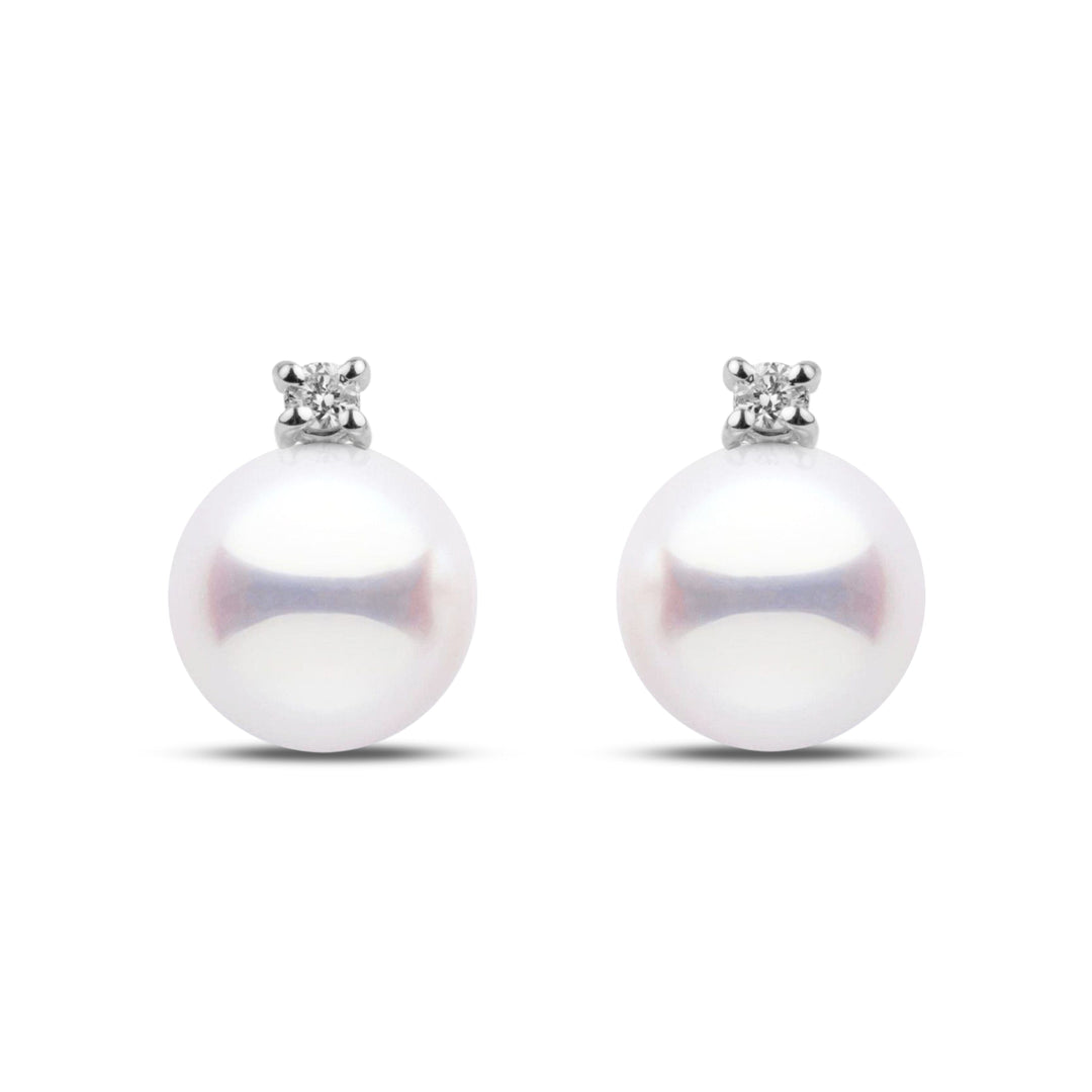 Japanese certified hanadama akoya pearl studs set with 0.6 cttw VS1-G quality natural diamonds in white gold