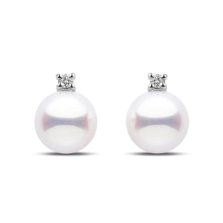 Japanese certified hanadama akoya pearl studs set with 0.6 cttw VS1-G quality natural diamonds in white gold
