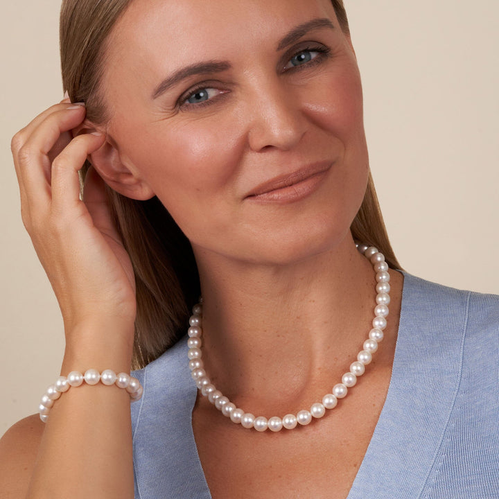 8.5-9.0 mm AA+ Bright White Rose Tone Akoya Pearl 18 Inch Necklace & Bracelet Set