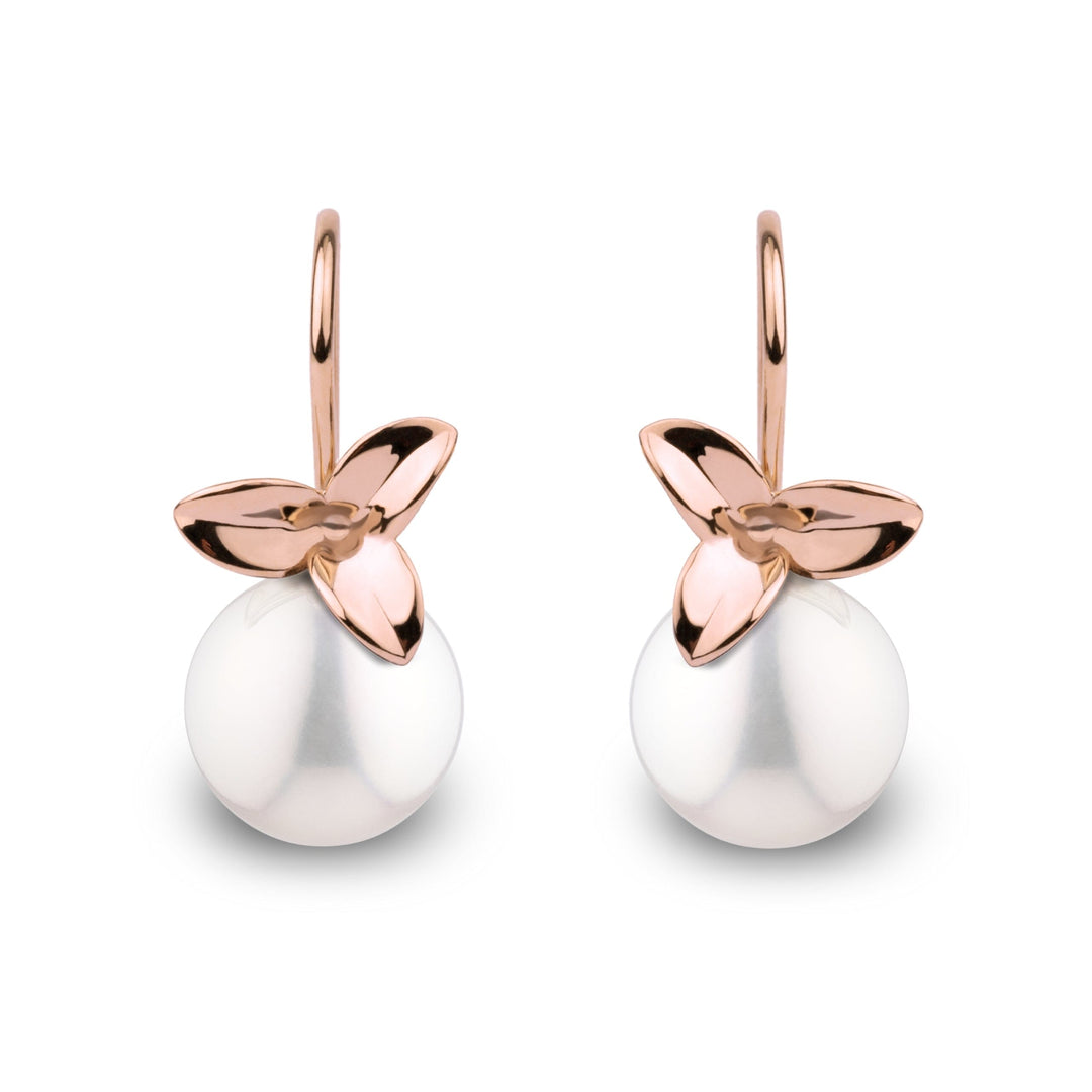 Elegant Floral design 14K gold earrings with an 8.5-9.0 mm White freshadama freshwater pearl. Rose Gold.