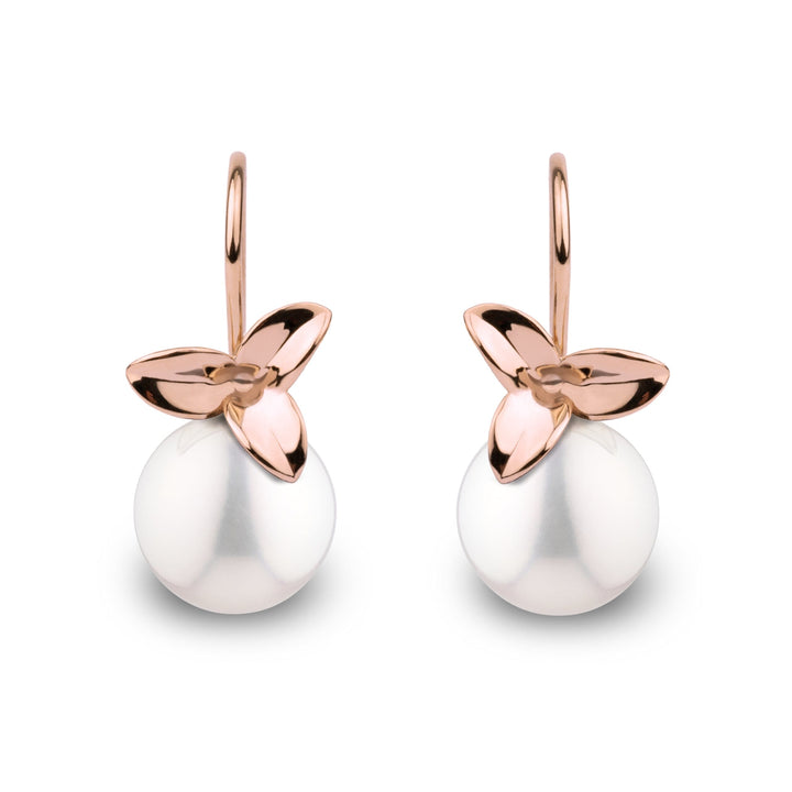 Elegant Floral design 14K gold earrings with an 8.5-9.0 mm White freshadama freshwater pearl. Rose Gold.