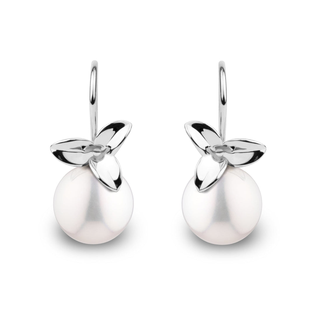 Elegant Floral design 14K gold earrings with an 8.5-9.0 mm White freshadama freshwater pearl. White Gold.