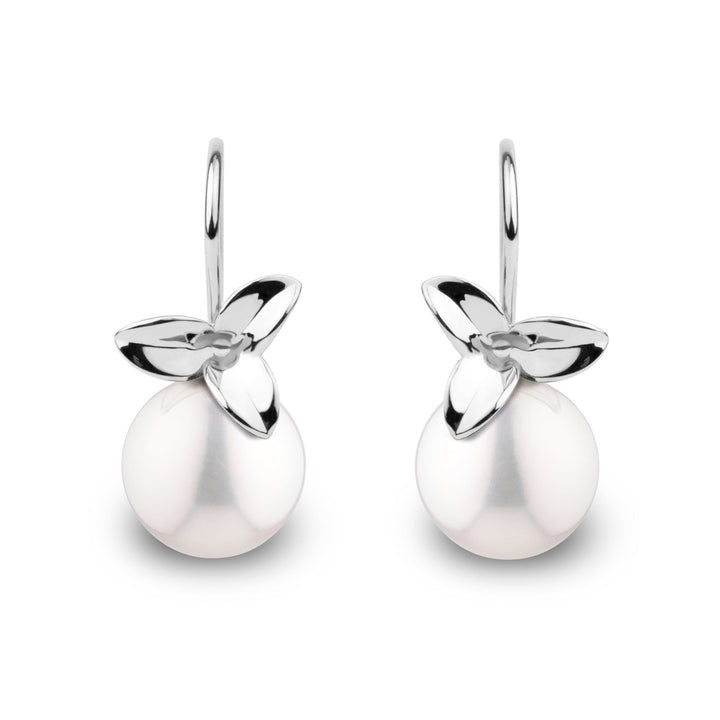 Elegant Floral design 14K gold earrings with an 8.5-9.0 mm White freshadama freshwater pearl. White Gold.