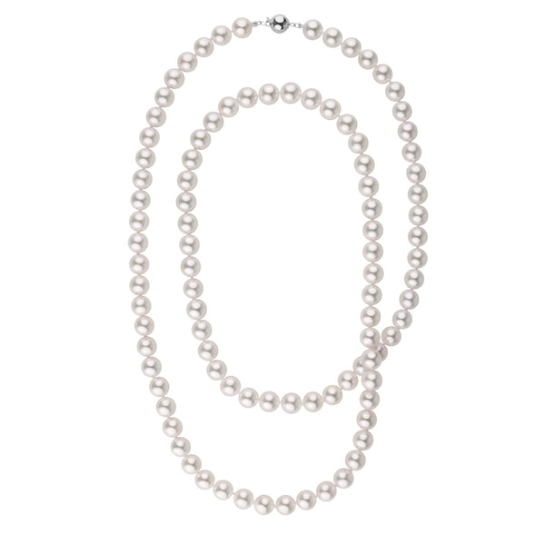 8.5-9.0 mm 35 Inch AAA White Akoya Pearl Necklace featuring lustrous, perfectly round white pearls strung on a classic strand with a secure 14K white gold clasp, elegant and timeless.