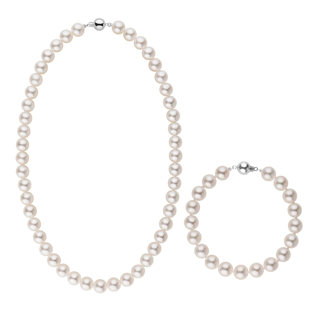 8.5-9.0 mm AA+ Bright White Silver Tone Akoya Pearl 18 Inch Necklace & Bracelet Set