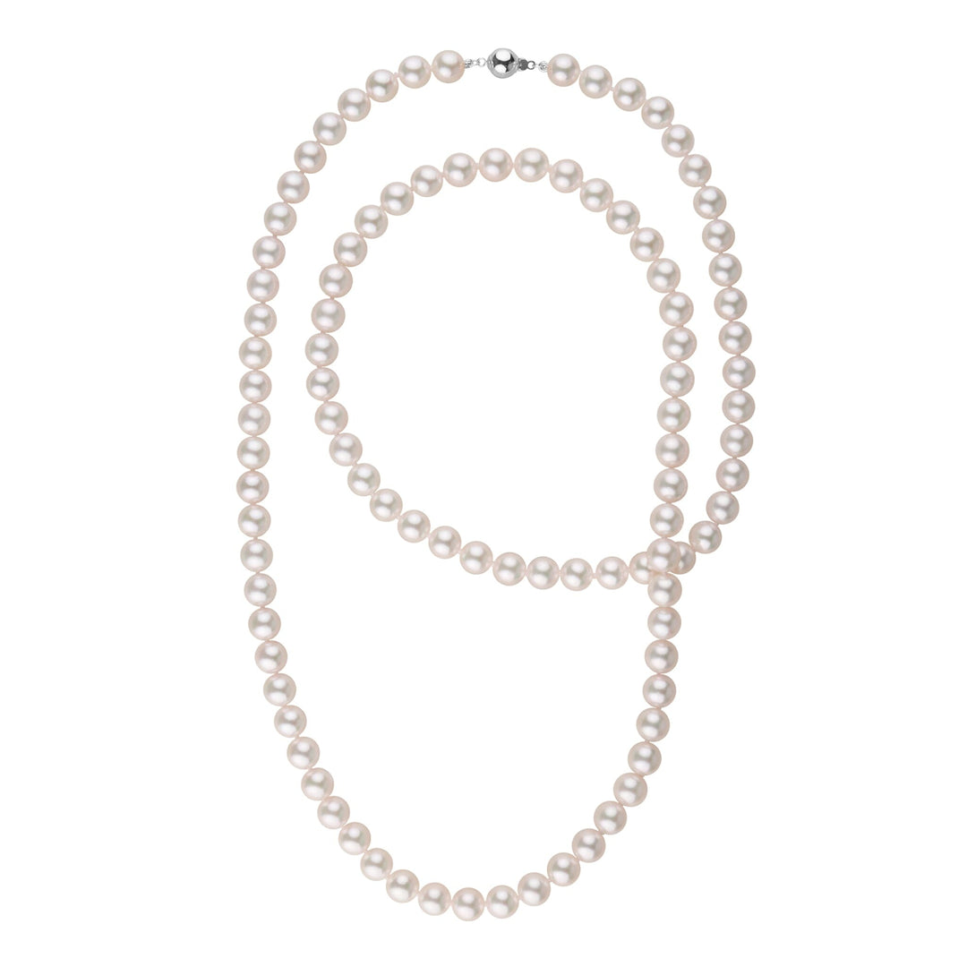 8.5-9.0 mm 35 Inch AA+ Blush White Silver Rose Tone Akoya Pearl Necklace featuring lustrous round pearls with a subtle blush white hue and silver rose tone clasp.