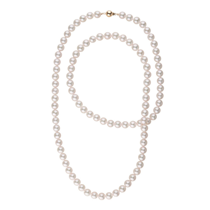 8.5-9.0 mm 35 Inch AA+ Blush White Silver Rose Tone Akoya Pearl Necklace featuring lustrous, round akoya pearls with a subtle blush white tone and silver rose clasp detail.