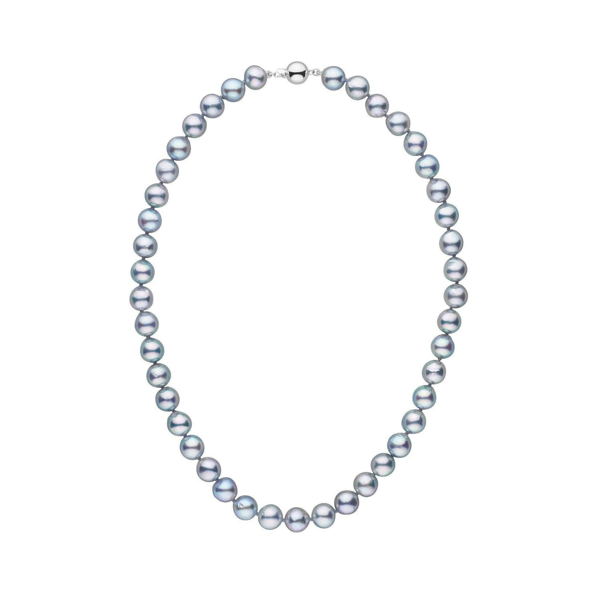 8.0-8.5 mm silver-blue, natural-color baroque akoya pearl necklace with a white gold polished ball clasp