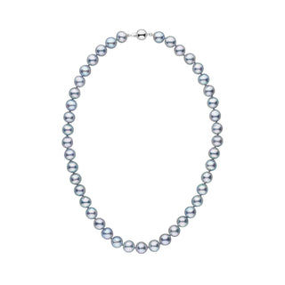 8.0-8.5 mm silver-blue, natural-color baroque akoya pearl necklace with a white gold polished ball clasp