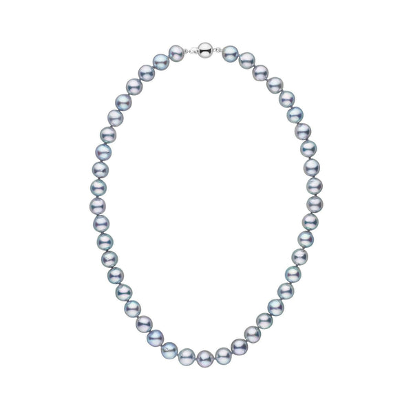 8.0-8.5 mm silver-blue, natural-color baroque akoya pearl necklace with a white gold polished ball clasp