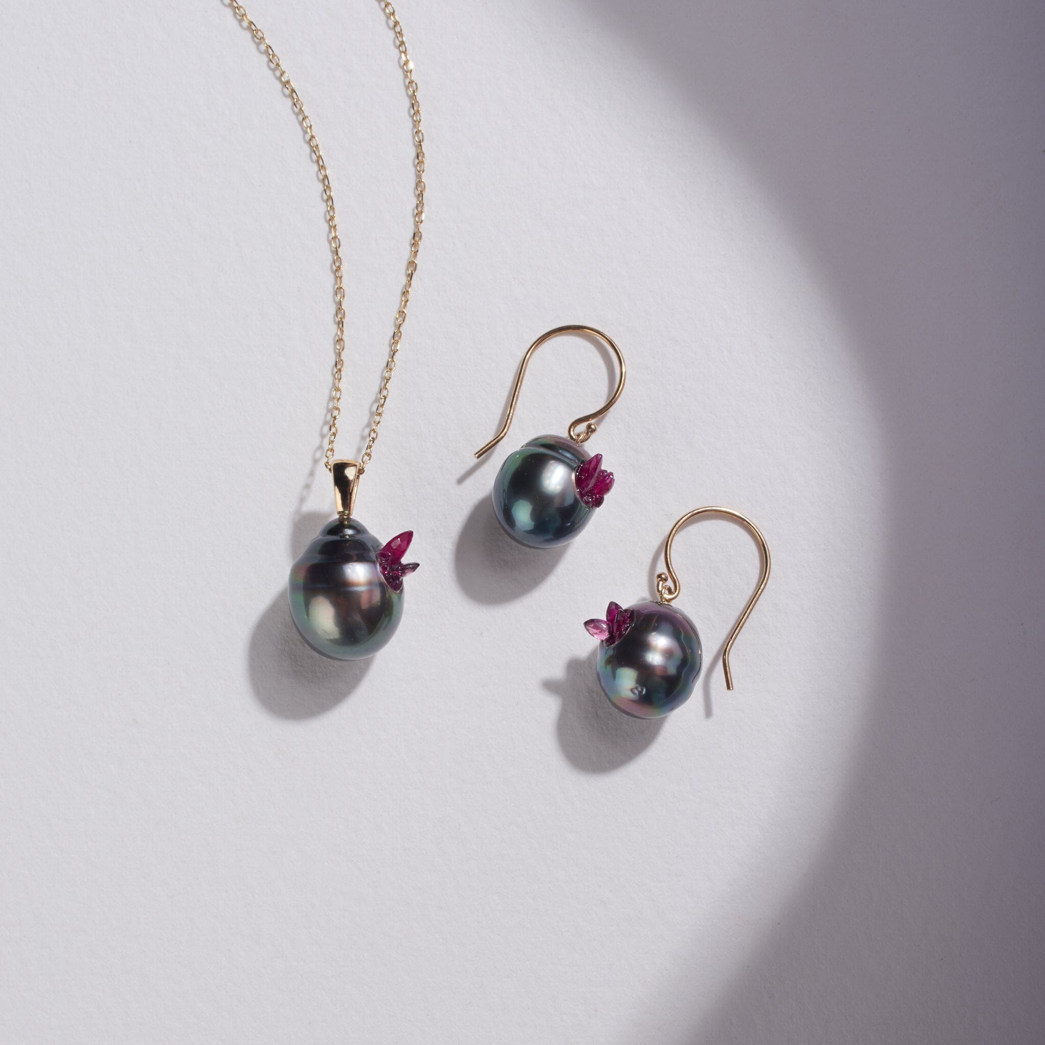 Point Collection: Tahitian Drop Pearl Pendant and Earrings Set with Rubies