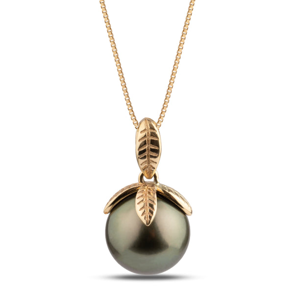 Leaf Collection 9.0-10.0 mm Tahitian Pearl Pendant featuring a dark Tahitian pearl accented with gold leaf-inspired details on a delicate gold chain.