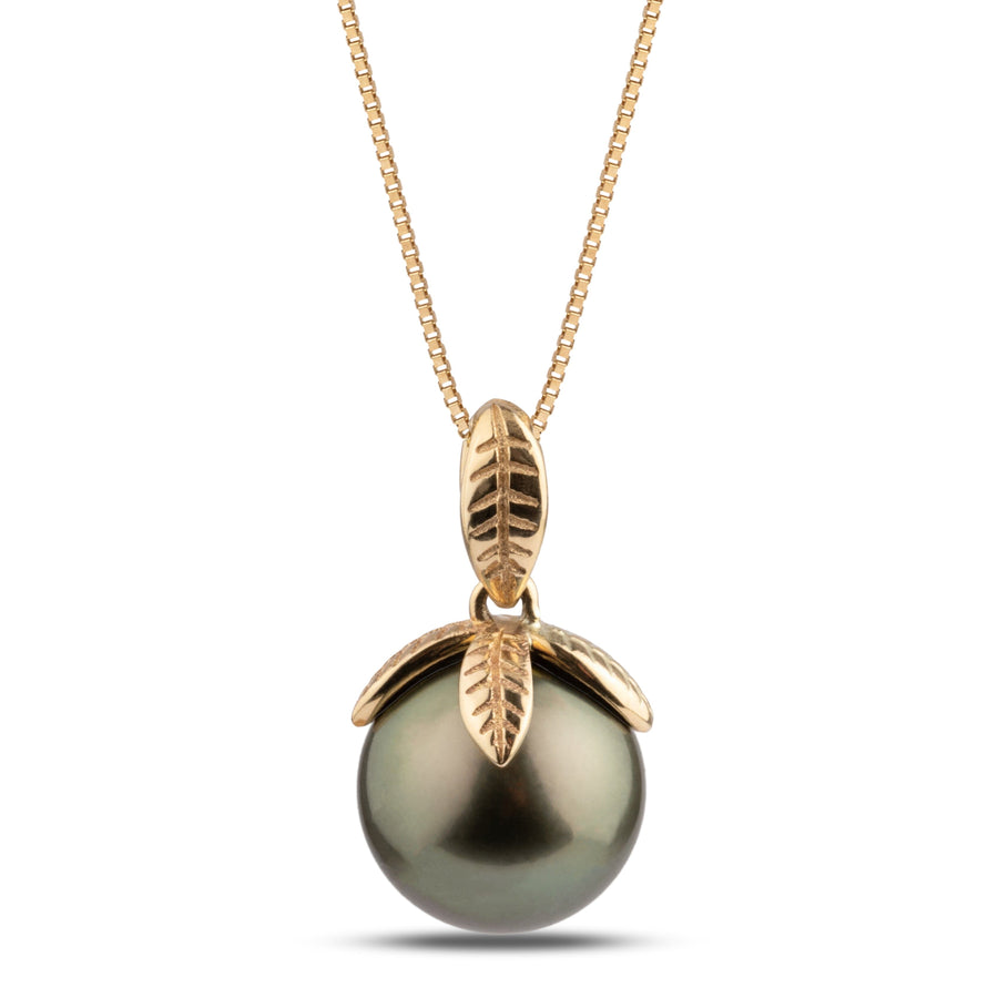 Leaf Collection 9.0-10.0 mm Tahitian Pearl Pendant featuring a dark Tahitian pearl accented with gold leaf-inspired details on a delicate gold chain.