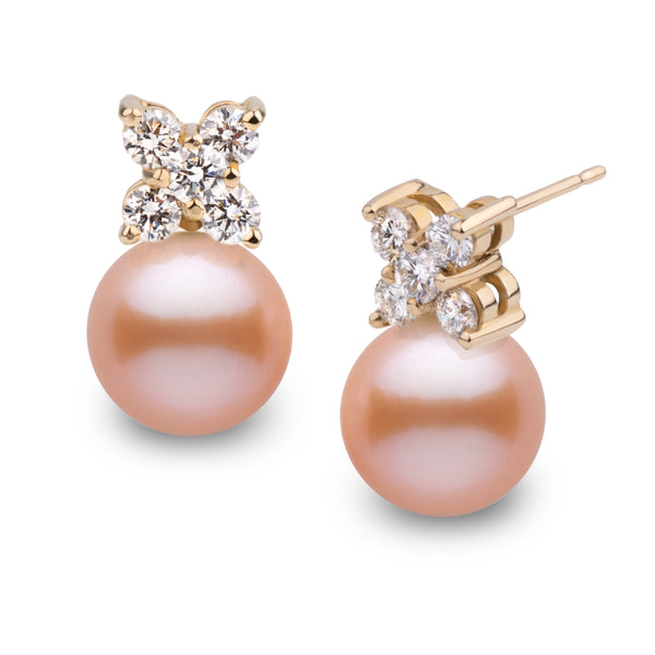 Kiss Collection 9.0-10.0 mm Pink to Peach Freshadama Pearl and Diamond Earrings in 14K White Gold
