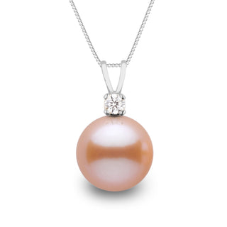Grand Harmony Collection 9.0-10.0 mm Pink to Peach Freshadama Pearl & Diamond Pendant in 14K White Gold on a Box Chain