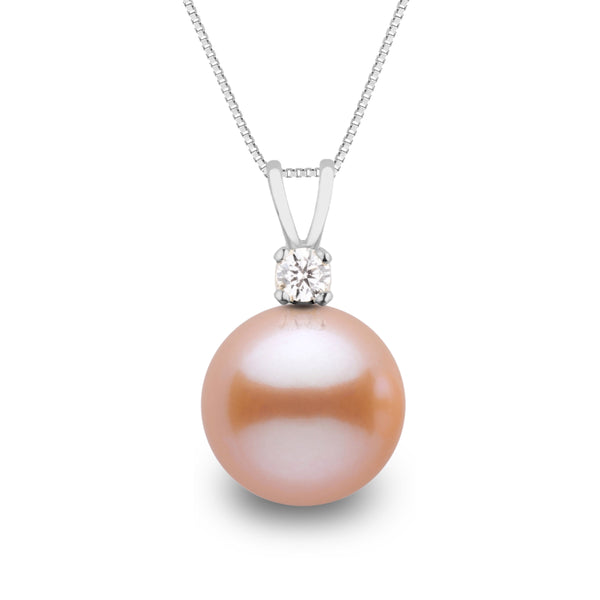 Grand Harmony Collection 9.0-10.0 mm Pink to Peach Freshadama Pearl & Diamond Pendant in 14K White Gold on a Box Chain