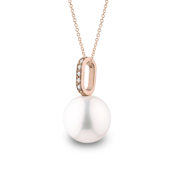 Forever Collection White 9.0-10.0 Freshadama Pearl and Diamond Pendant in 14K Yellow Gold on a Box Chain