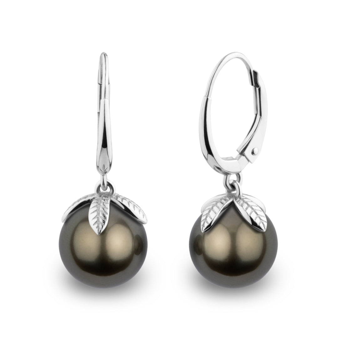 Leaf Collection 9.0-10.0 mm Tahitian Pearl Earrings featuring dark round pearls accented with delicate silver leaf-shaped caps and polished lever-back clasps.